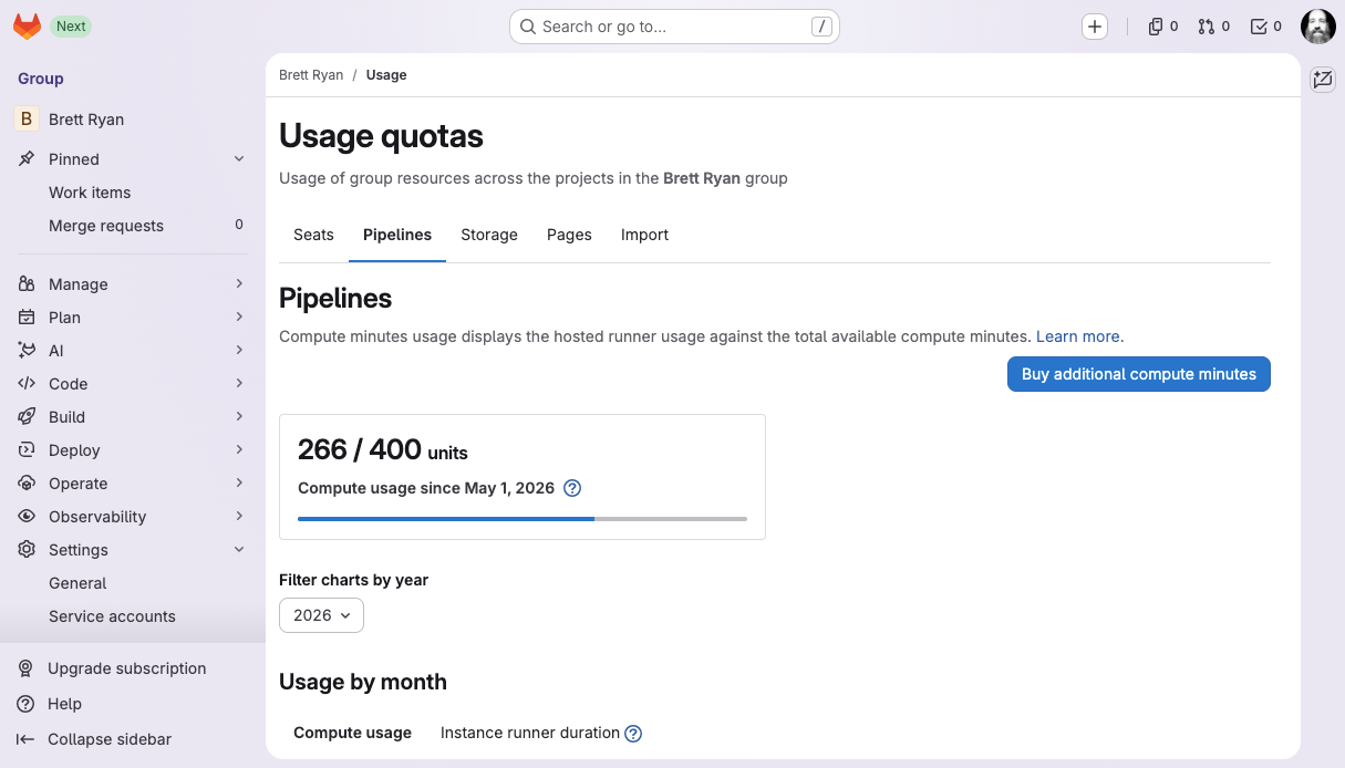 Showing group usage quotas under group settings.
